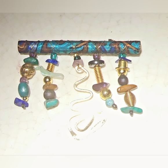 2 1/2 inch Egyptian revival bar dangle brooch, geometric charms, colorful - Picture 4 of 5
